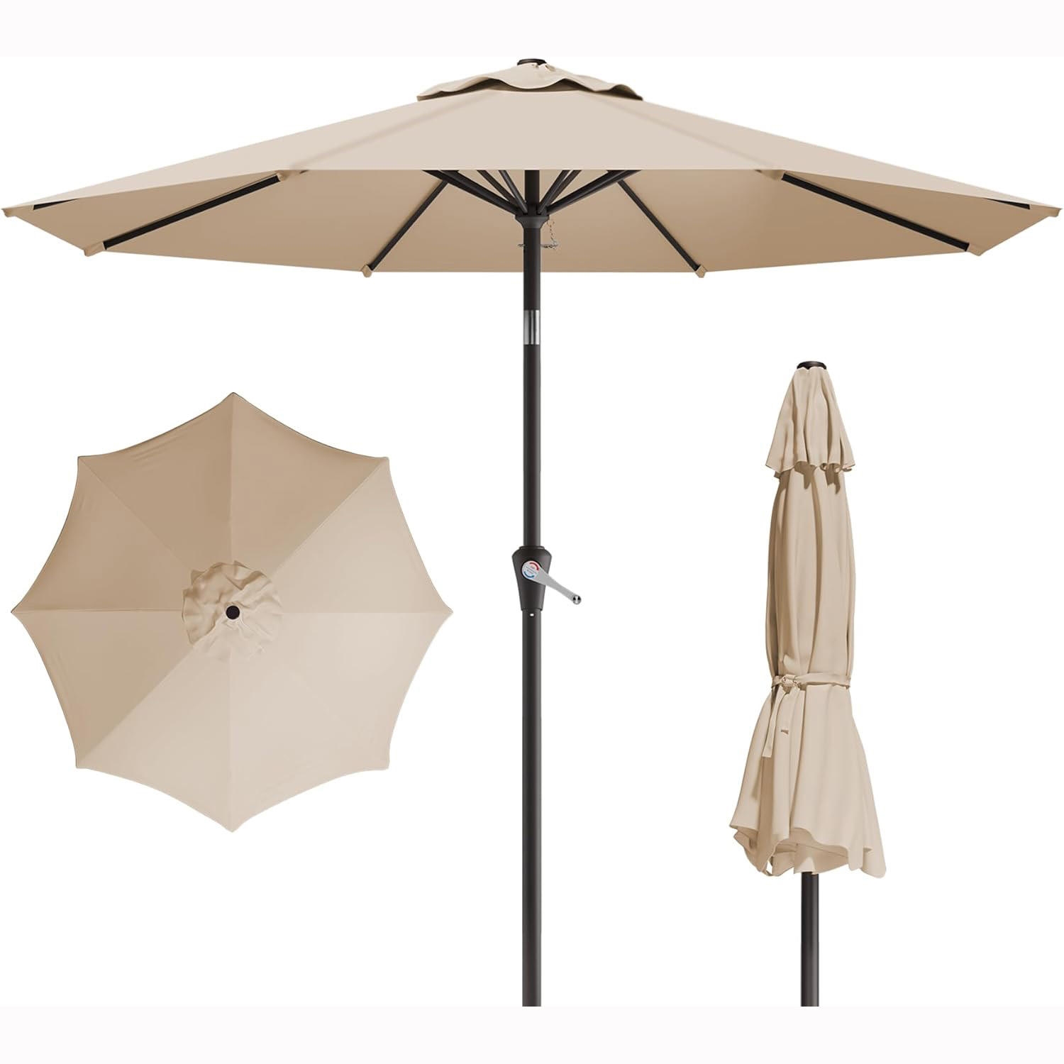 Parasol de marché ventilé de 9 pieds avec inclinaison à bouton-poussoir, manivelle de levage et 8 nervures renforcées